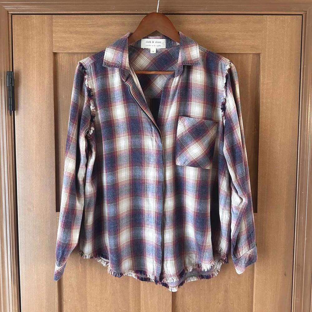 Cloth & Stone Anthropologie Fringed Plaid Button Front Blouse Top Women’s Small